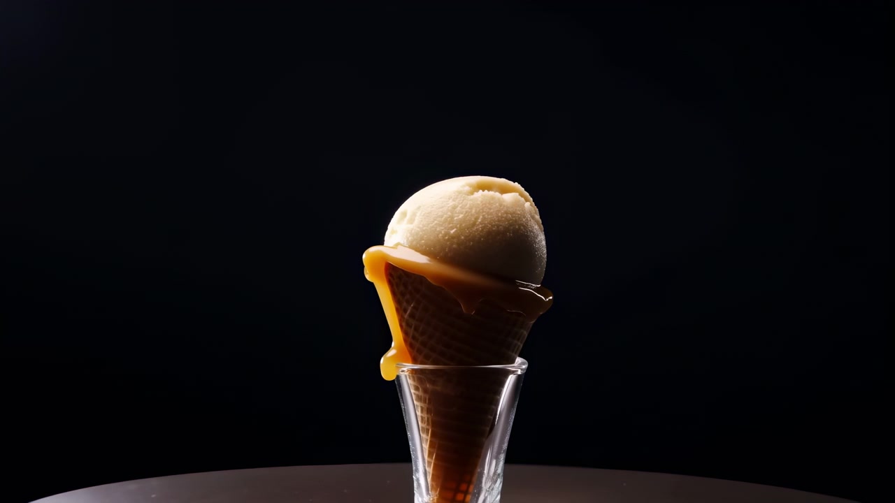 Primo piano di una pallina di gelato beige chiaro in un cono waffle all'interno di un bicchiere trasparente, con una colatura di caramello e uno spazio negativo nero profondo per una presentazione drammatica del cibo.