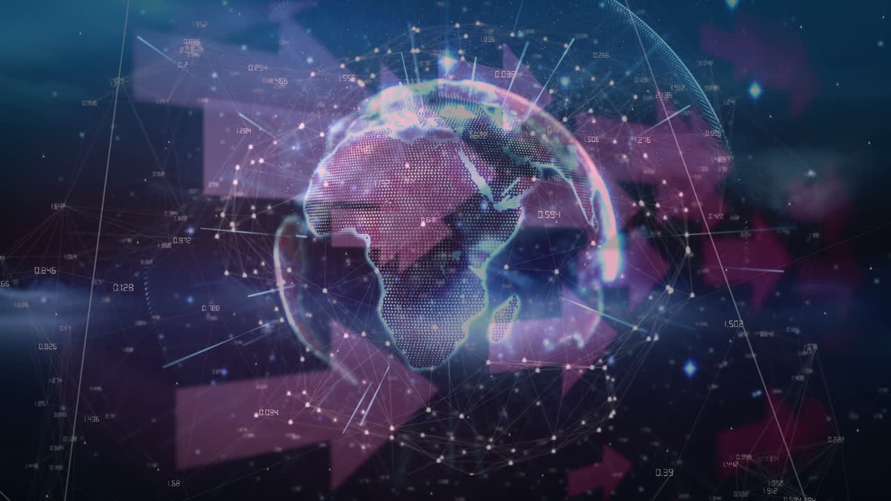 animación de flechas, luces y globo girando en espacio rosa y marino