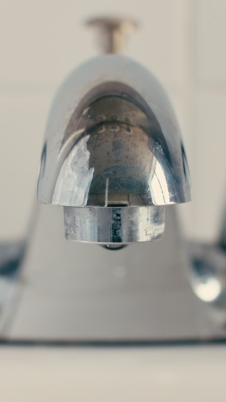 Primo piano verticale di piccole goccioline d'acqua che cadono da un rubinetto cromato lucido in un lavandino bianco del bagno, catturando un momento di quiete.