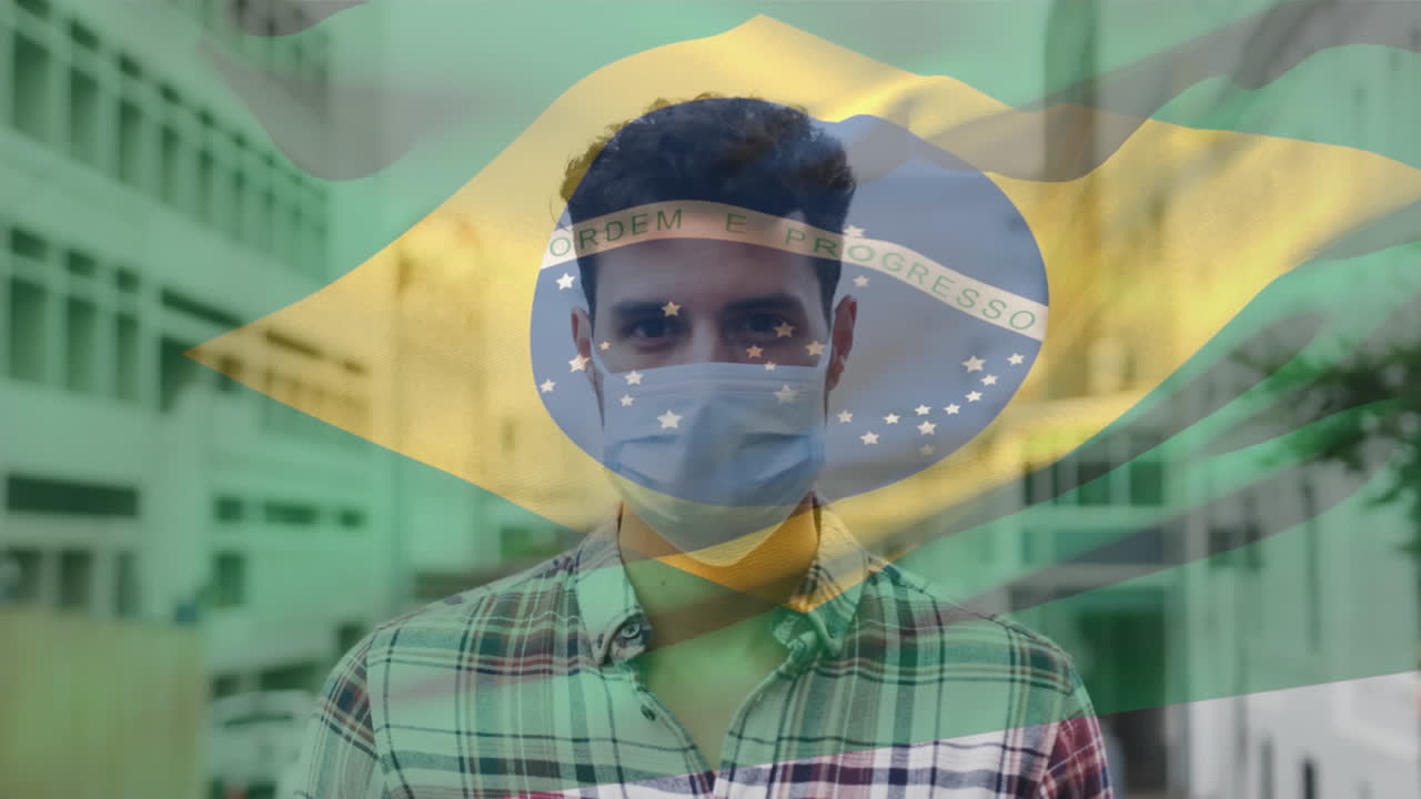 анимация флага бразилии, развевающегося над латиноамериканцем в маске