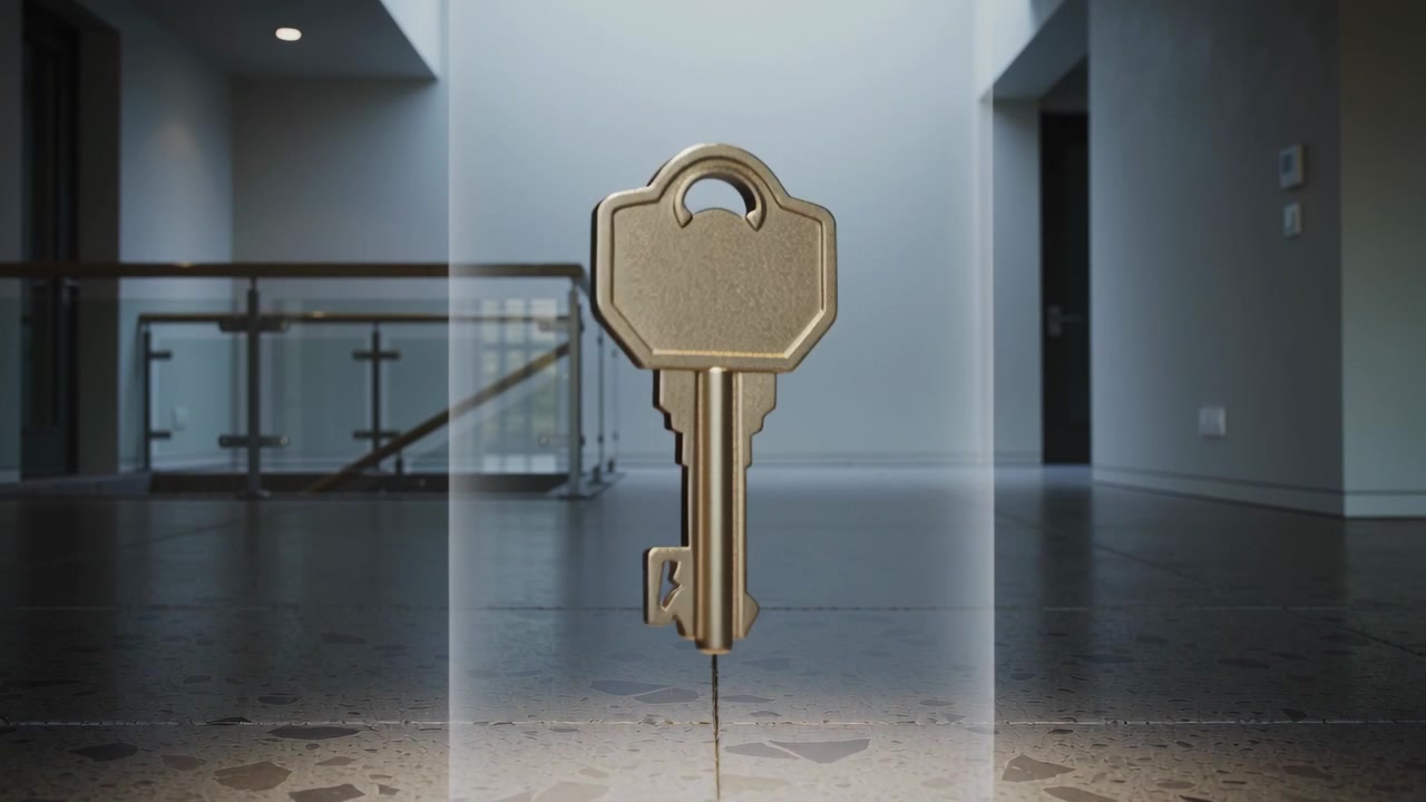 Chiave d'oro levitante che ruota e si posiziona mentre si forma un raggio verticale all'ingresso, su un pavimento in terrazzo