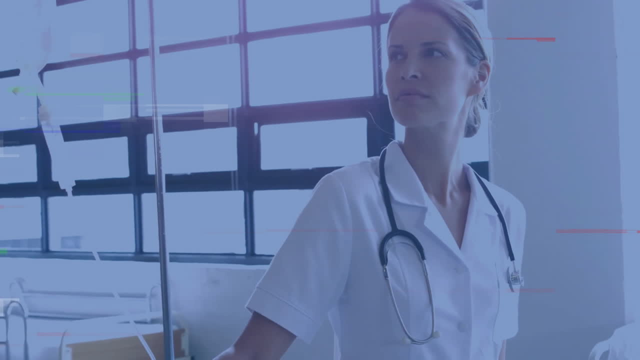 Female nurse viewing vitals overlay in hospital room, showing floating IV drip chart icons