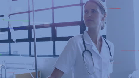 female nurse viewing vitals overlay in hospital room, showing floating iv drip chart icons