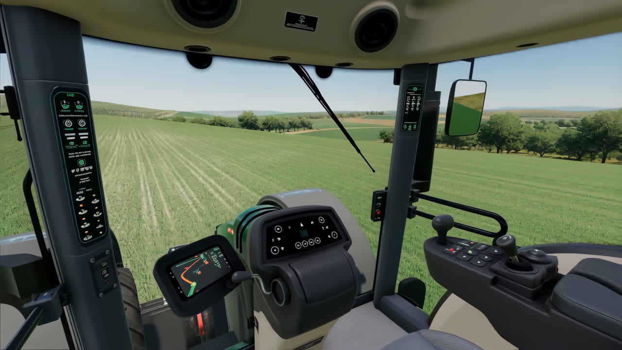 View from inside a modern tractor cabin overlooking a vast green agricultural field