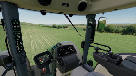 view from inside a modern tractor cabin overlooking a vast green agricultural field