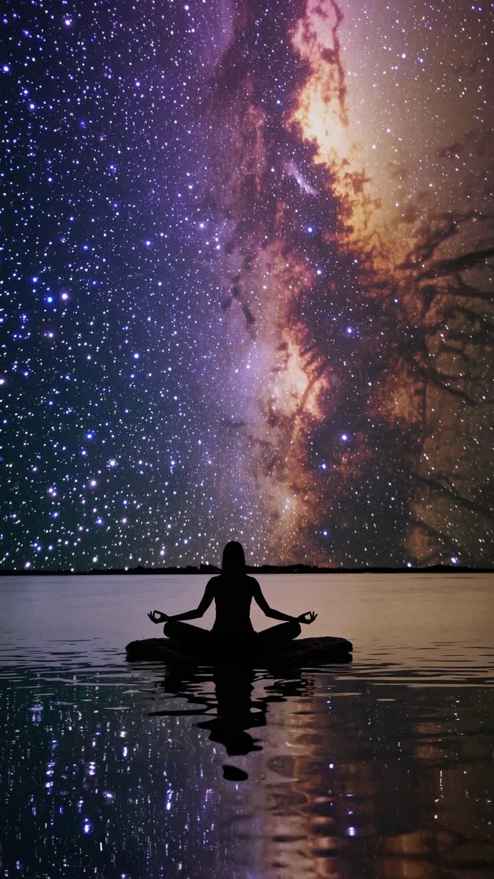 Silhouette di una persona che medita sull'acqua sotto un cielo stellato, catturata da un basso angolo