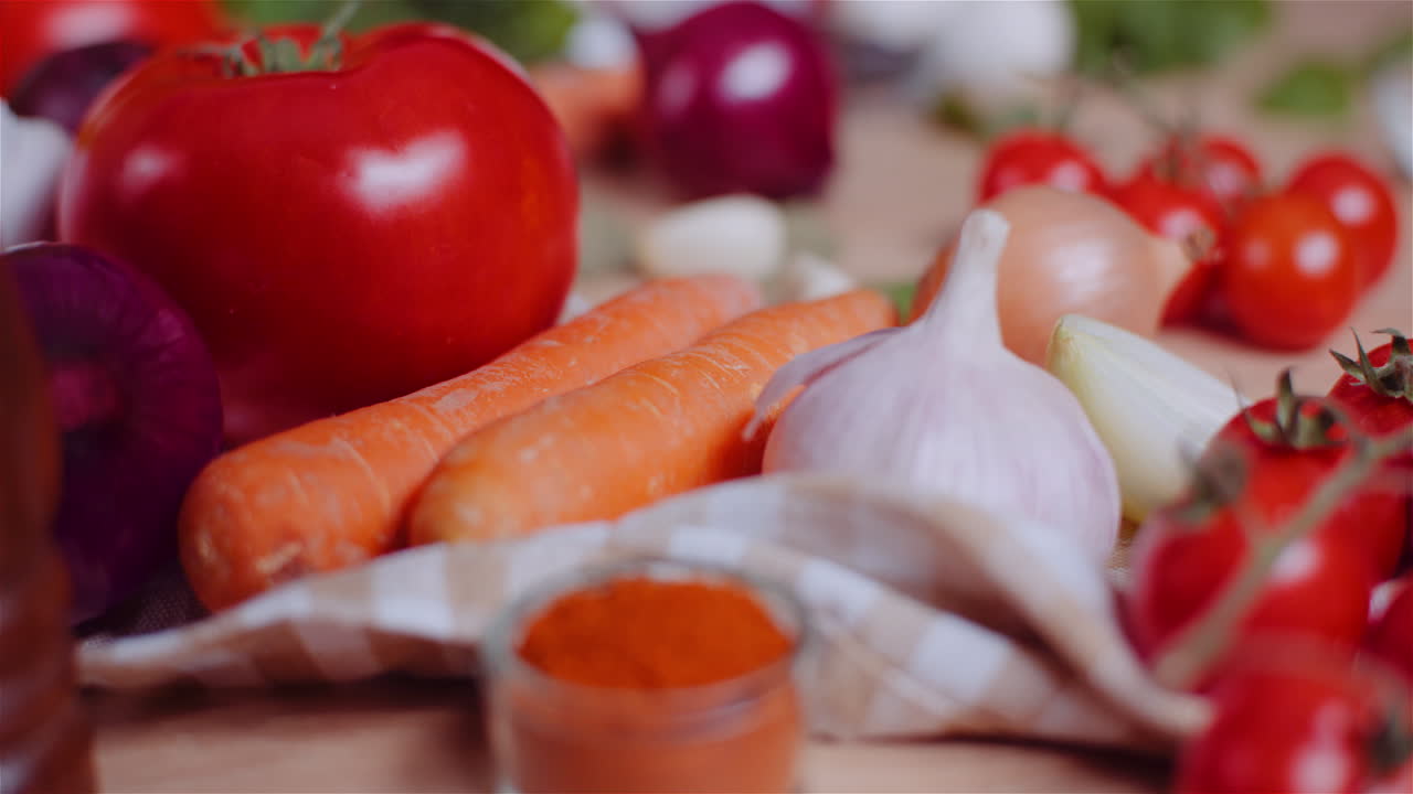 Close Up Of Various Vegetables On Table Rotating Fresh Tomato Carrot Red Onion And Garlic 