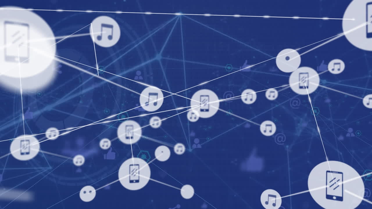 파란색 배경에 둥근 스캐너를 통해 디지털 아이콘 네트워크의 애니메이션.