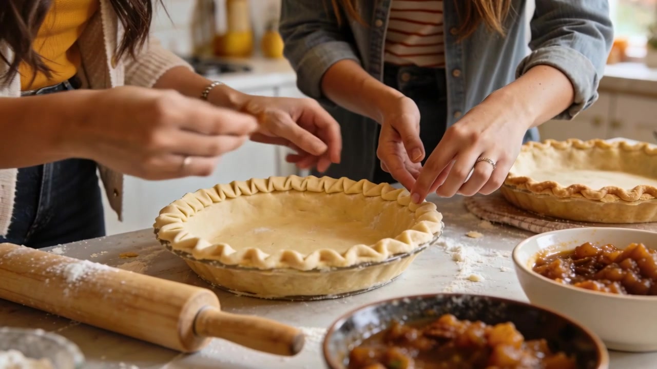Placing crust women in cardigan crimping and scooping filling at kitchen counter for baking