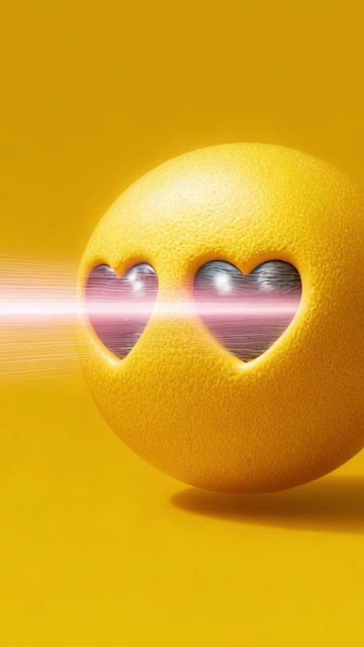 Una faccina sorridente gialla, vivace e giocosa, con occhi a forma di cuore, irradia amore con un raggio laser colorato, catturando l'attenzione in un ambiente vivace e allegro.