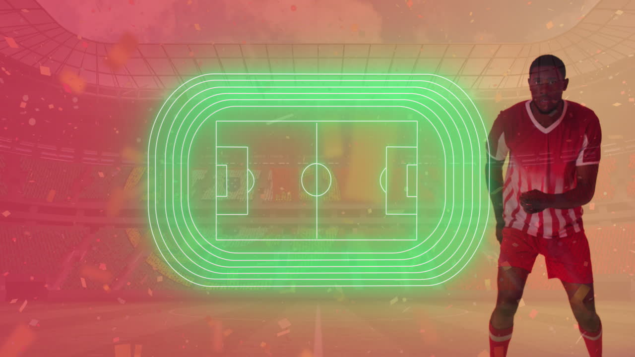 animación de confeti sobre futbolista afroamericano con bandera de portugal y estadio deportivo