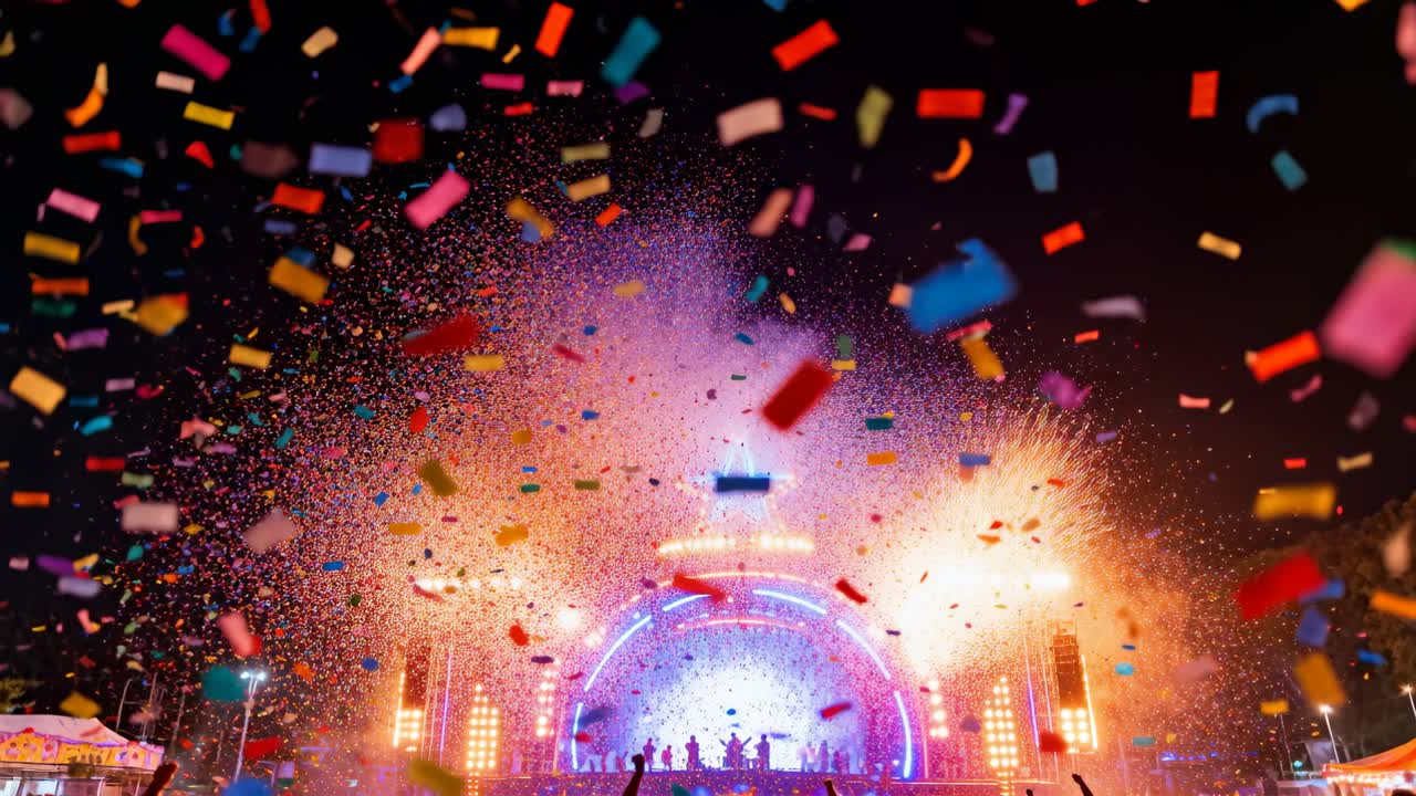 Coriandoli che cadono, una band in controluce che canta e si muove su un palco a LED ad arco celebrando il finale, con fumo.