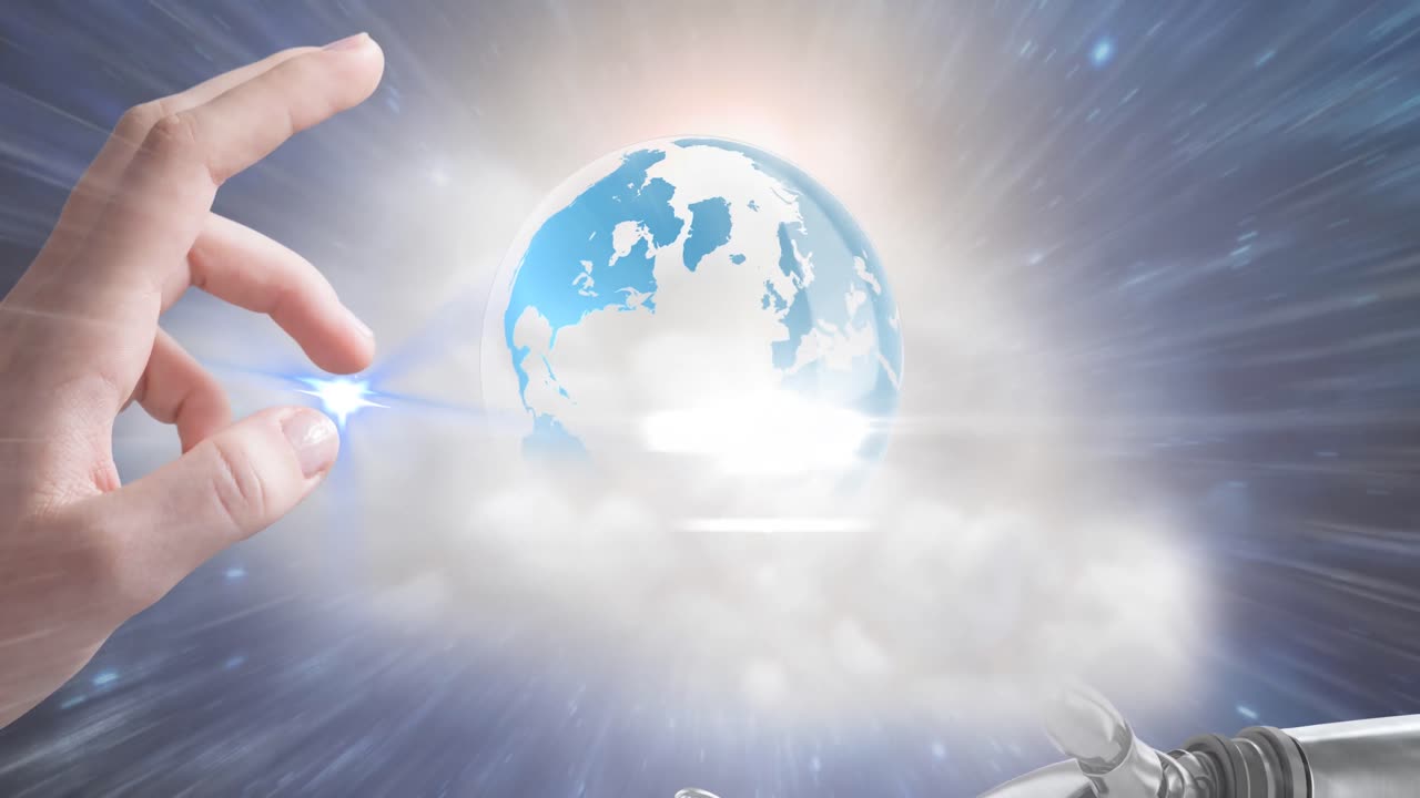 우주에서 지구에 대항하는 로 ⁇  손과 인간의 손의 디지털 애니메이션