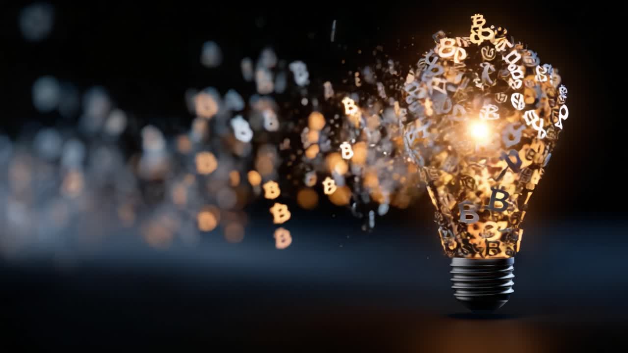 Concetto creativo di una lampadina piena di simboli e scintille di Bitcoin, che rappresenta idee innovative e valuta digitale in un ambiente buio