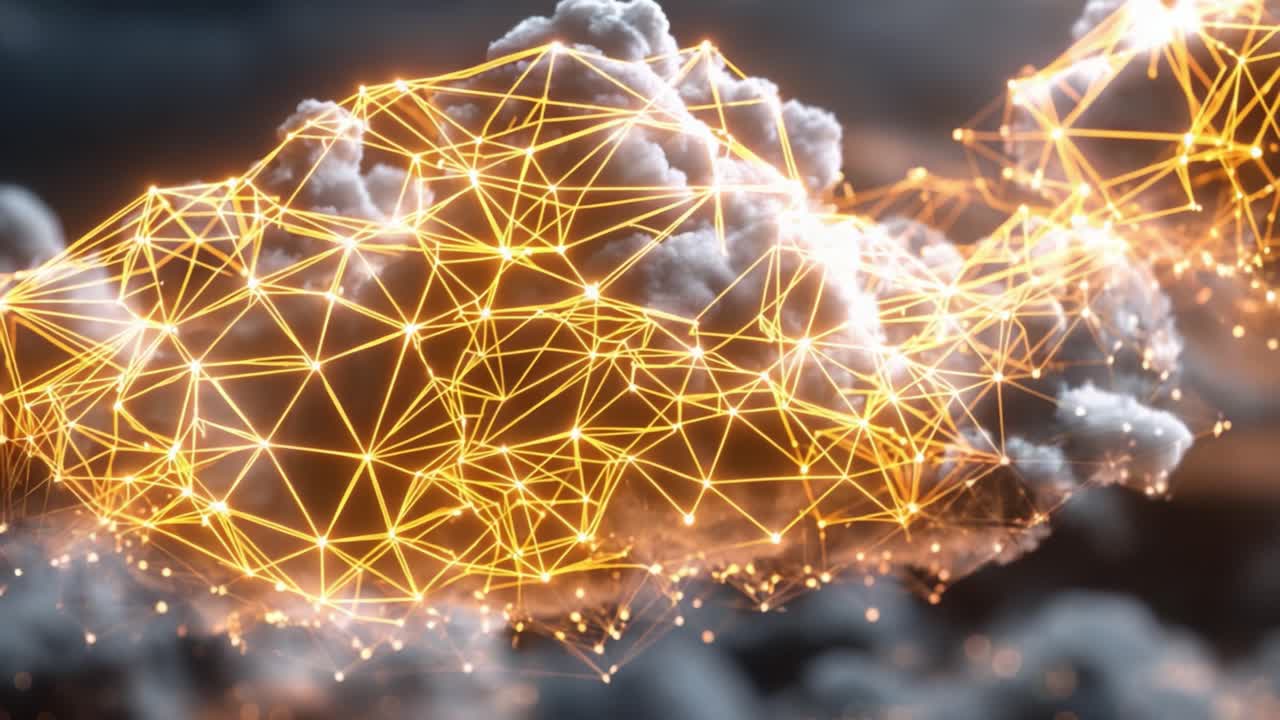 En imponerende transformation af skyer flettet sammen med oplyste netværk, der viser en fusion af naturlig skønhed og digital teknologi i betagende detaljer.