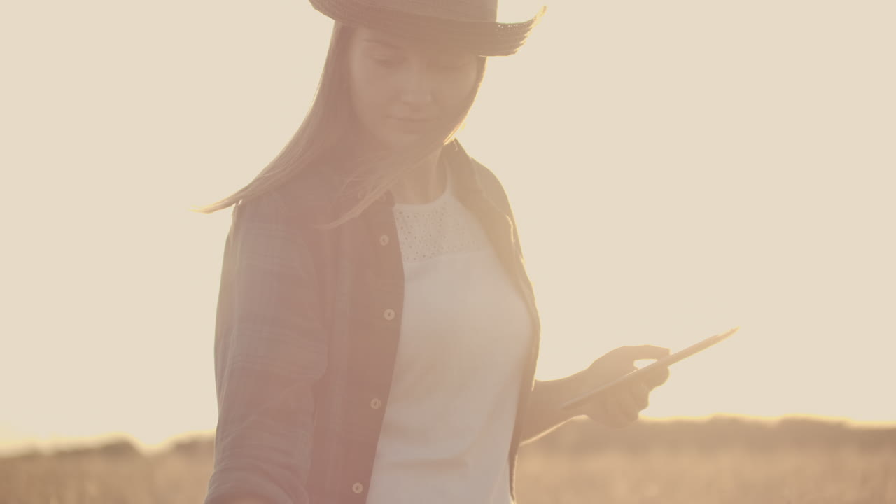 una mujer granjera con un sombrero y una camisa a cuadros toca los brotes y semillas de centeno examina y introduce datos en la tableta está en el campo al atardecer.