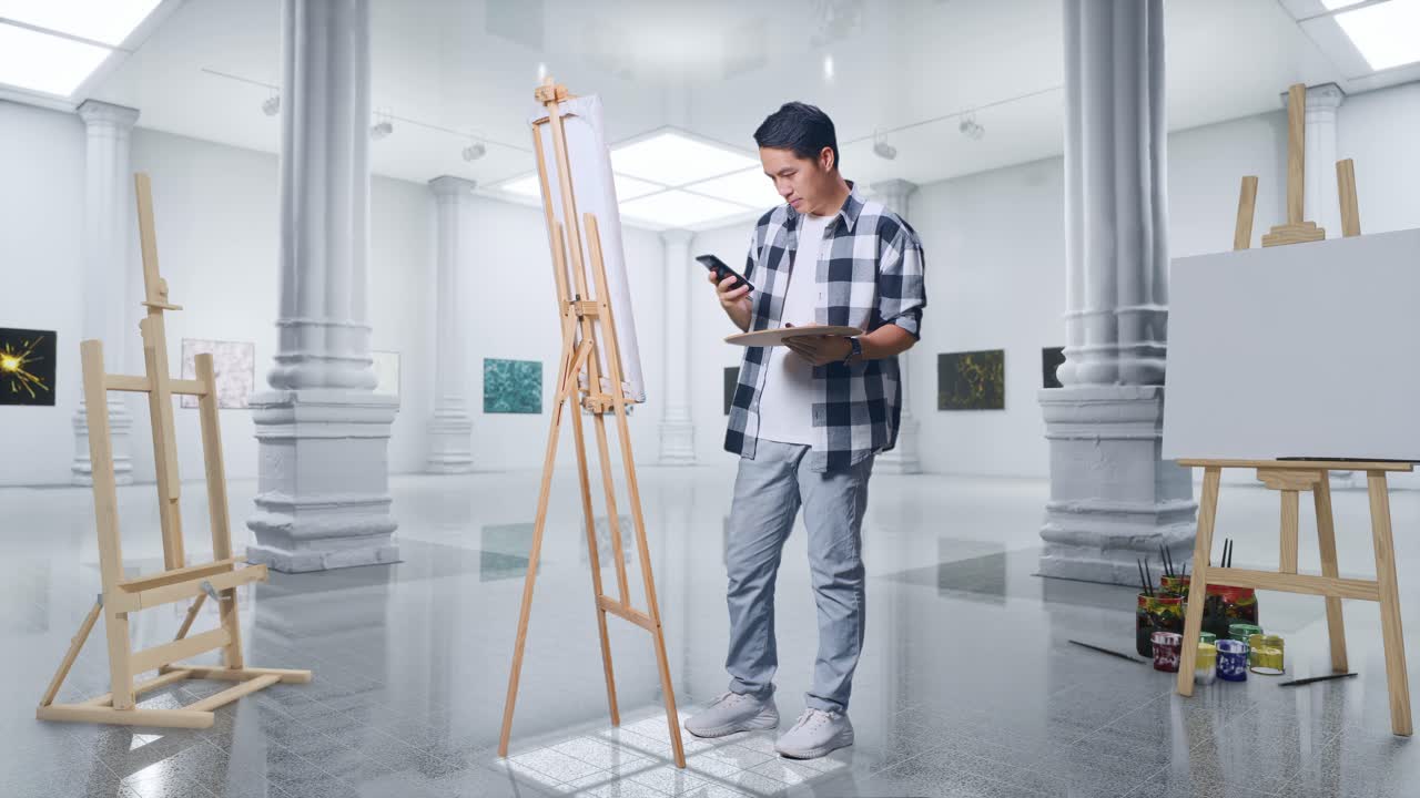 갤러리에서 오일 페인트와 으로 캔버스에 그림을 그리는 동안 스마트폰에서 영감을 찾는 아시아 남성 예술가의 몸이 가득 차 있습니다.