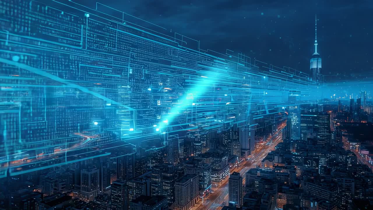 Emerging turquoise beam starting holo data corridor sweeping night city, streaming data over spire