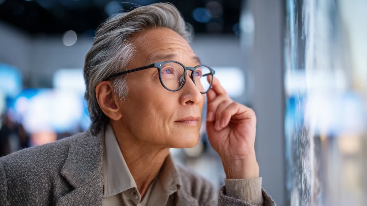 An introspective elderly gentleman gazes thoughtfully at an exhibition, contemplating his experiences and memories as he connects with the artwork, showcasing his appreciation for creativity and inspiration in life