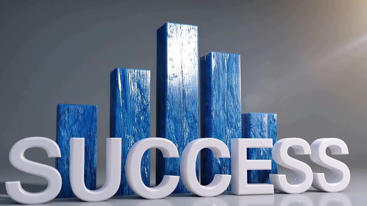 Blue bars rise behind bold white letters spelling SUCCESS. Soft light glows warmly in the background. Bars show steady growth, symbolizing achievement. Scene conveys confidence, progress, and triumph