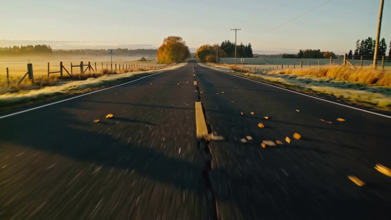 Moving low-mounted camera rolling along rural road, wind blowing leaves across broken centerline