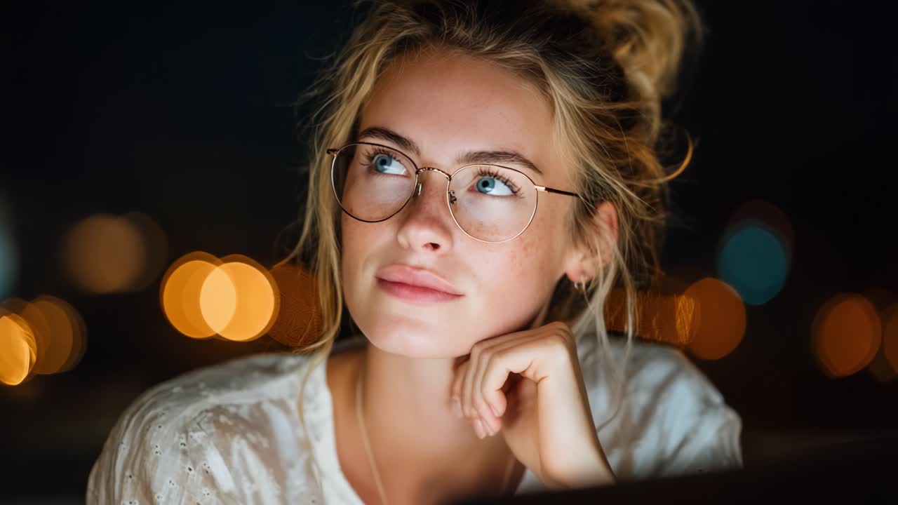 A Thoughtful Young Woman with Glasses Contemplating Under Soft Ambient Lights, Captured in Two Framing Moments of Reflection and Serenity at Night