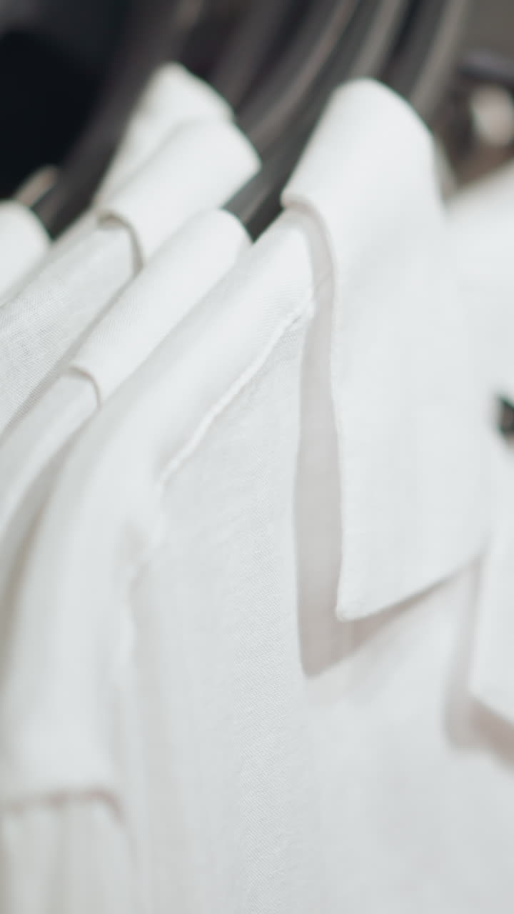 White lady s hand in a pink shirt returns a white shirt back to its position on the rack, where other white shirts are neatly arranged with a grey cloth next to them. Background is slightly blurred