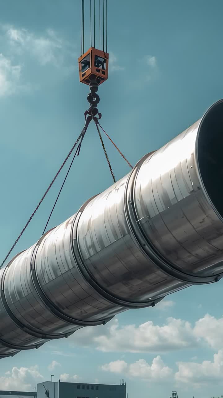 Video verticale: Gru che inizia il sollevamento, gancio e cavi arancioni che sollevano una condotta d'acciaio per l'installazione in cantiere
