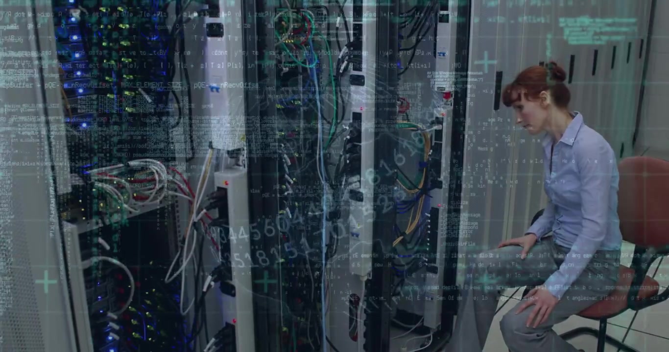 Animation of financial data processing over diverse business people in office