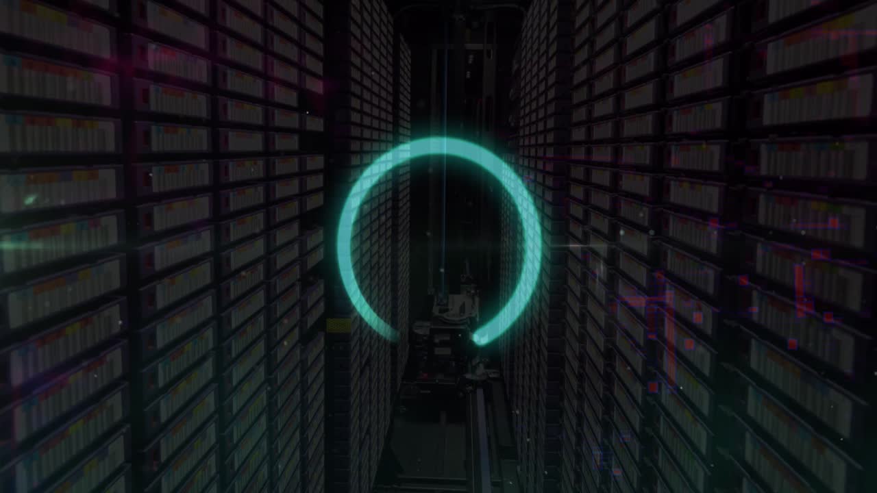 Animation of blue data loading ring and data processing over computer server room