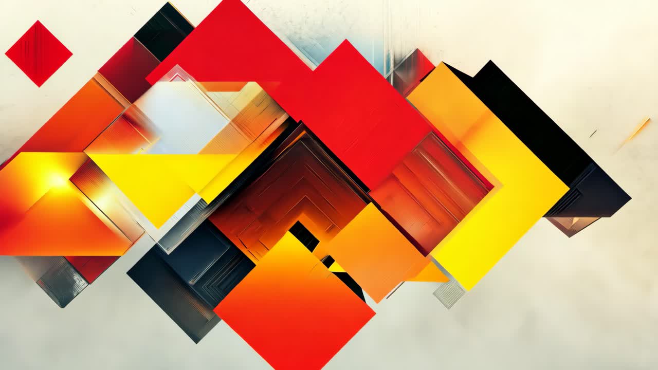 A colorful abstract painting with a lot of red, yellow and white squares. The painting is full of energy and movement, with the colors blending together in a dynamic way