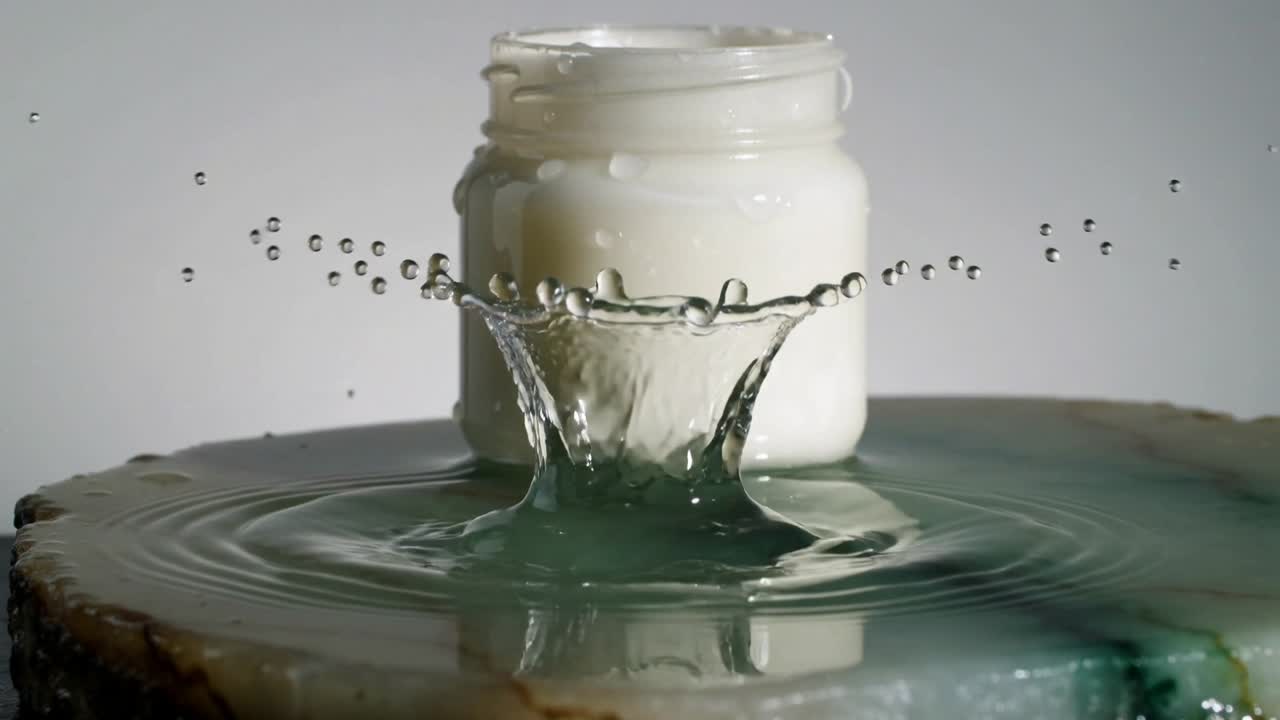 Une gouttelette tombante créant une éclaboussure en forme de couronne autour d'un pot blanc sur une dalle brillante vert-bleu, avec des ondulations.