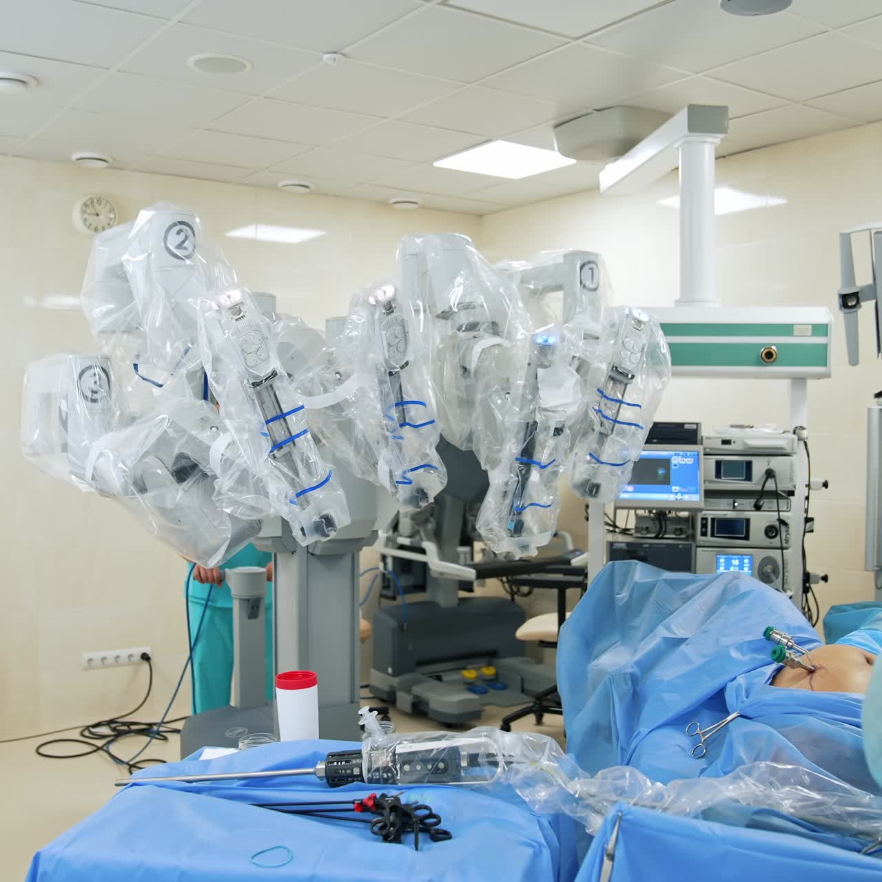 Modern robotic surgical system. Surgeon medical robot davinci surgery technology machine