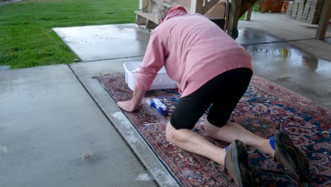 hand scrubbing an oriental or persian carpet with soap and water - static shot