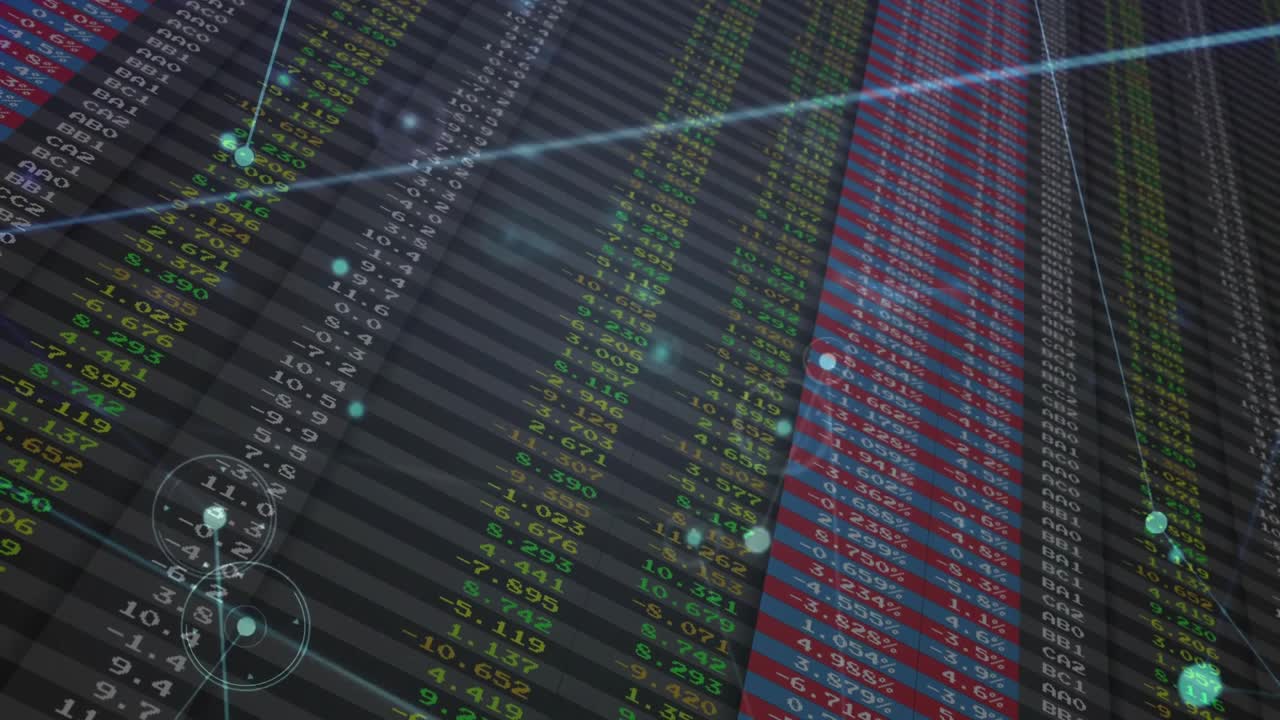 Data grid panning left with red-column glow activating white nodes mapping relations, drifting orbs