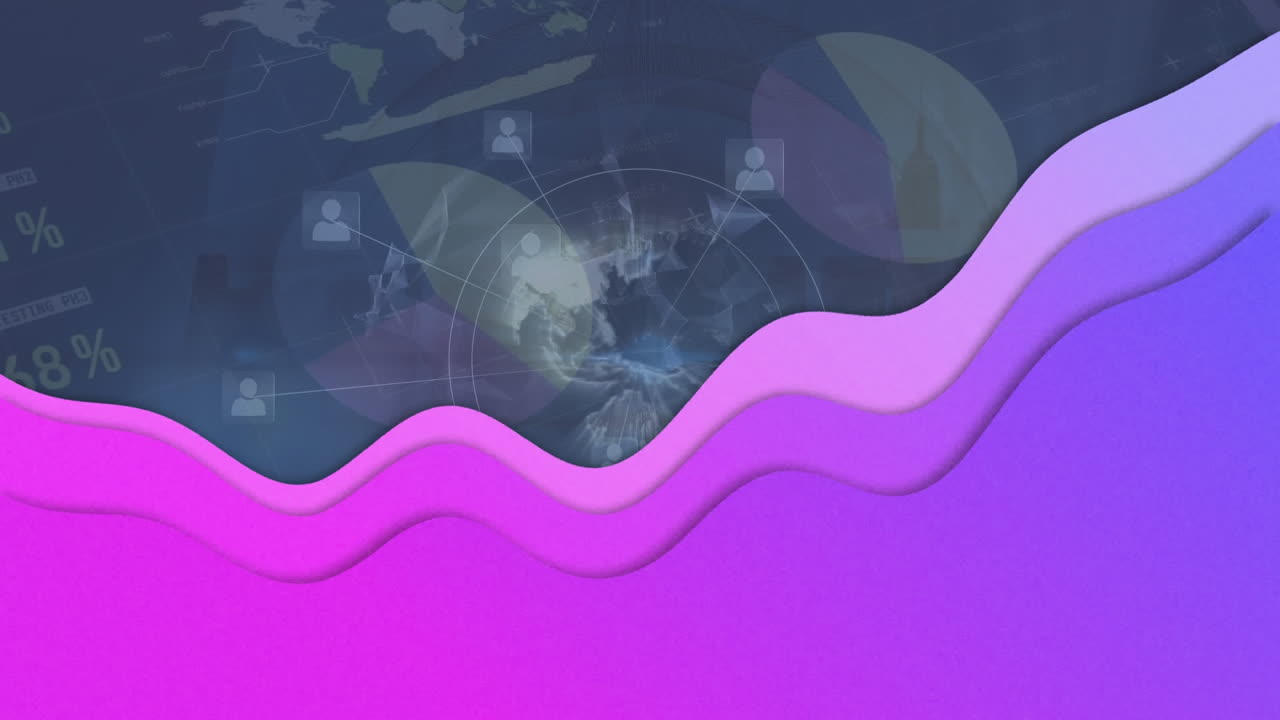 animación de la red de conexiones con iconos digitales y estadísticas