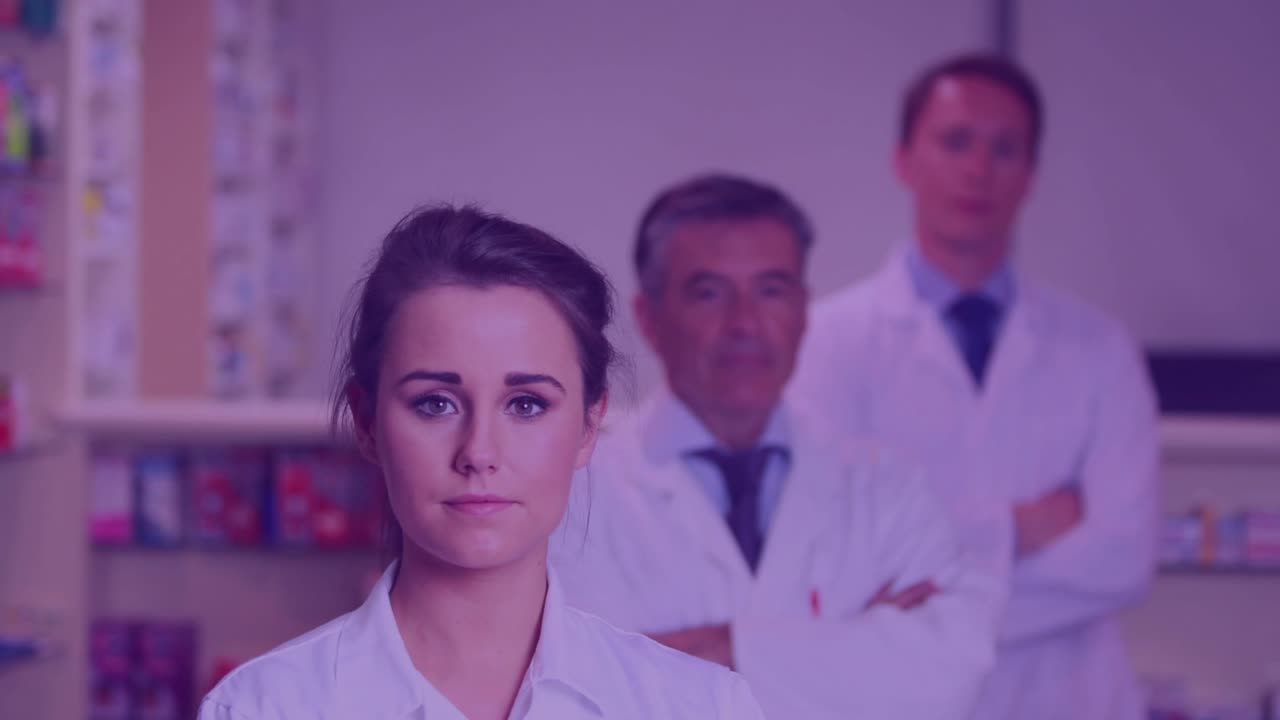 Woman leading lab team standing in lab, AR 3D grid sweeping across them visualizing data