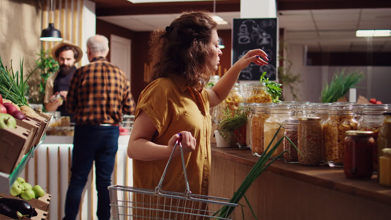 el cliente de la tienda biológica compra alimentos básicos para la despensa.