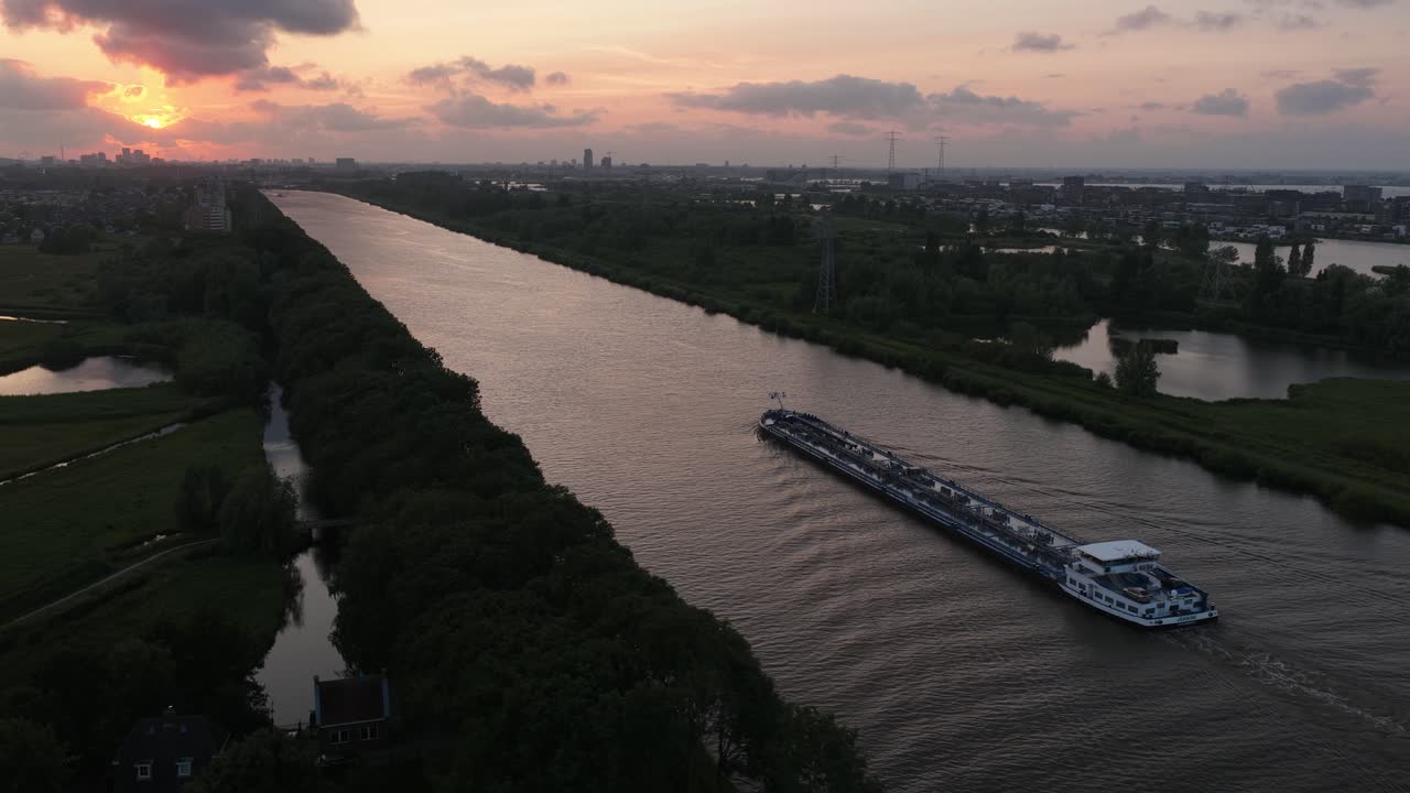 Amsterdam rhine canal, inland shipping canal. Waterway, river, The Netherlands. Aerial drone video.