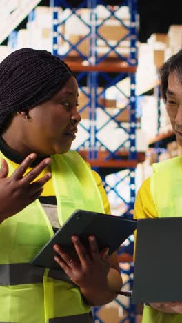 vertical video black and asian workers managing the order fulfillment process in shipping area