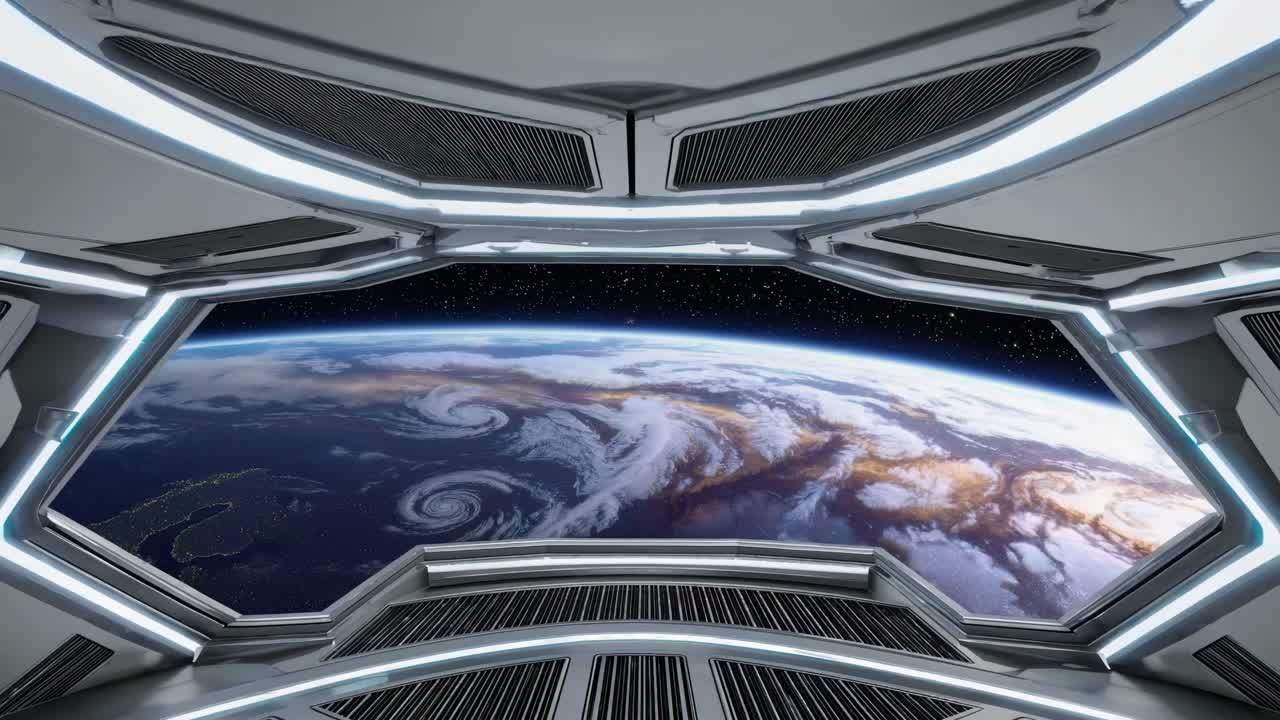 Futuristic spaceship interior with a panoramic view of Earth from space