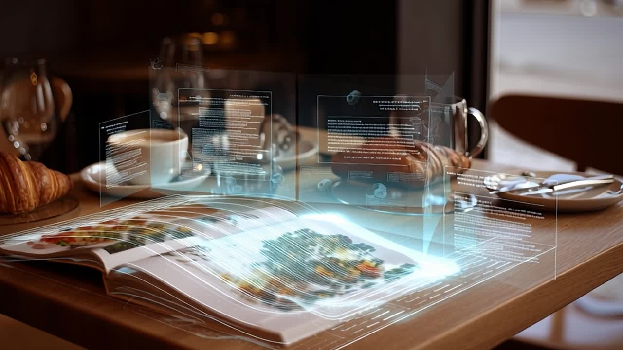 Digital menu vist på en åben bog på et cafebord