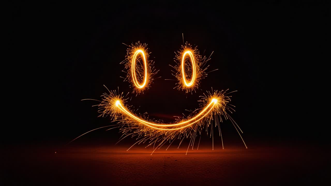 A Vibrant Display of Joy: Capturing a Sparkling Smiley Face Created with Fireworks and Shimmering Lights, Evoking Happiness and Celebration in Dark Surroundings