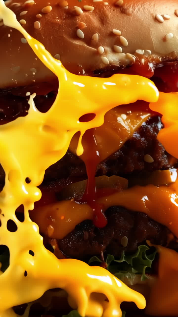 A burger with a lot of ketchup and cheese on it. The burger is falling apart and the ketchup is splashing all over the table