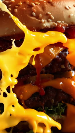 a burger with a lot of ketchup and cheese on it. the burger is falling apart and the ketchup is splashing all over the table