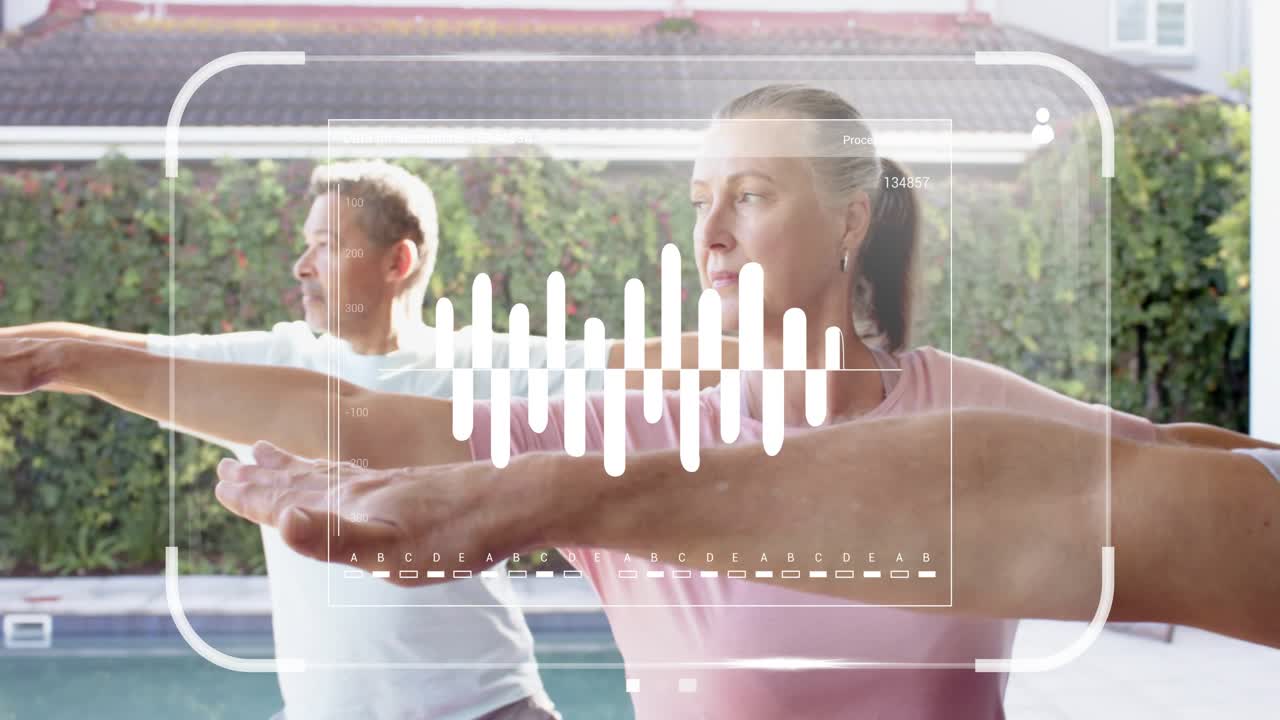 Four adults syncing lateral arm-stretch on covered patio beside pool, HUD cues guiding workout
