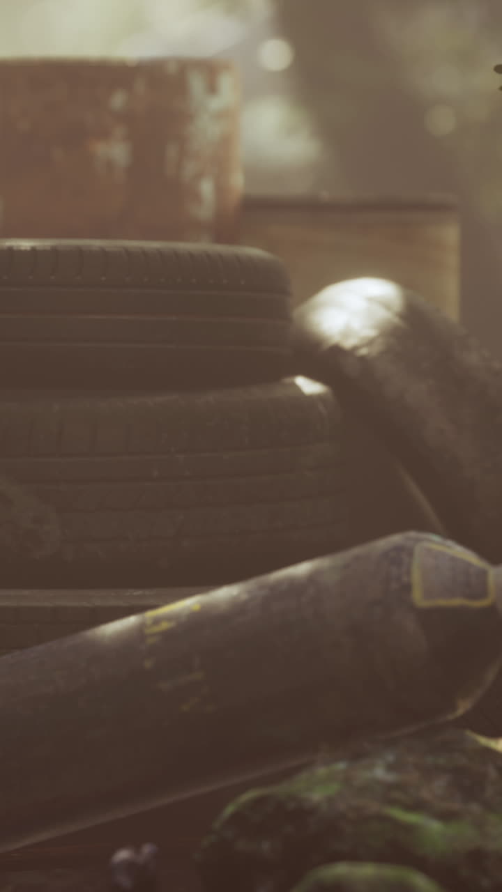 neumáticos viejos, un tanque de gasolina y metal oxidado en el bosque