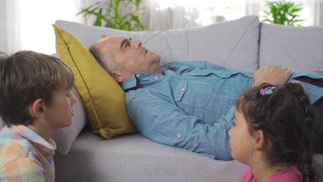 sick old man. children worry about their grandparents.