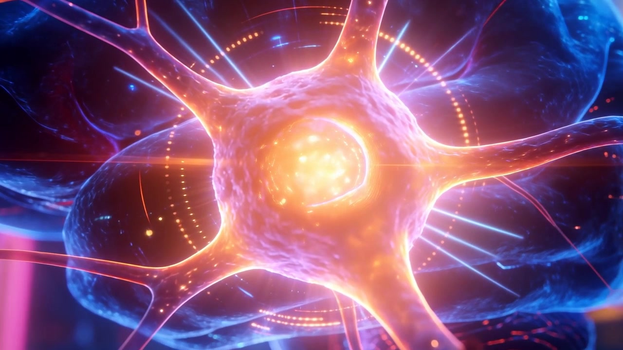 Inquadrature della telecamera che si muove verso un cervello stilizzato in una simulazione di laboratorio, con un neurone centrale luminoso e un HUD.