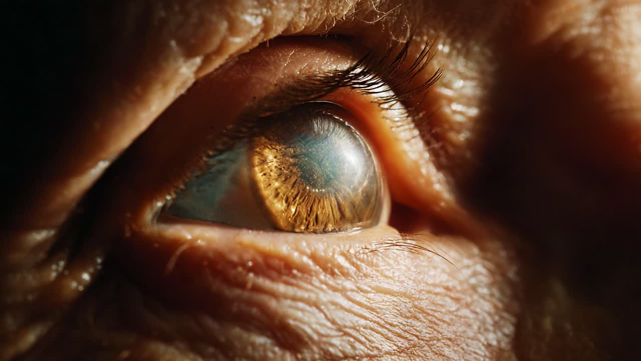 A Close-Up Perspective on the Intricacies of an Elderly Eye, Capturing the Depth and Detail of the Iris and Surrounding Skin, Highlighting the Unique Patterns and Textures Present